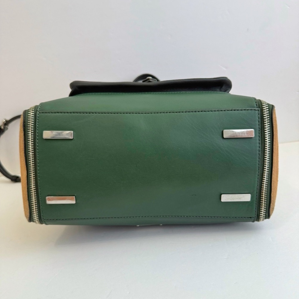 REBECCA MINKOFF BLACK GREEN LEATHER TAN SUEDE FRONT POCKET SIDE ZIPPERS PURSE - Picture 5 of 12